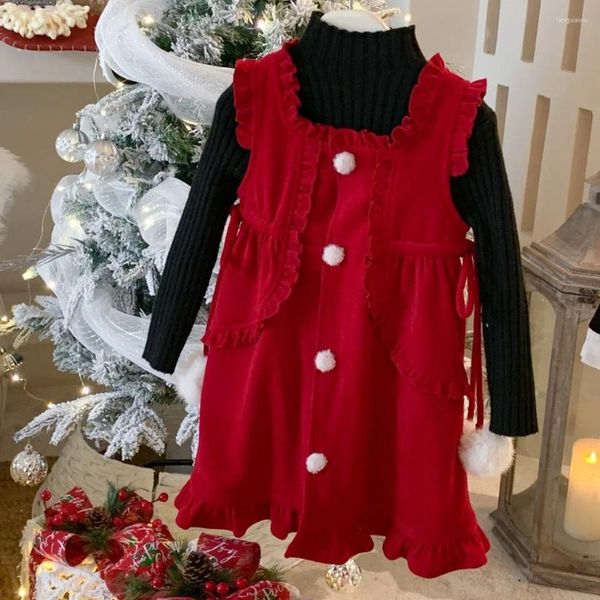 Robes de fille Vêtements pour enfants Filles Robe rouge de Noël 2024 Hiver à la mode Doux en bois sans manches Cordon Princesse Gilet