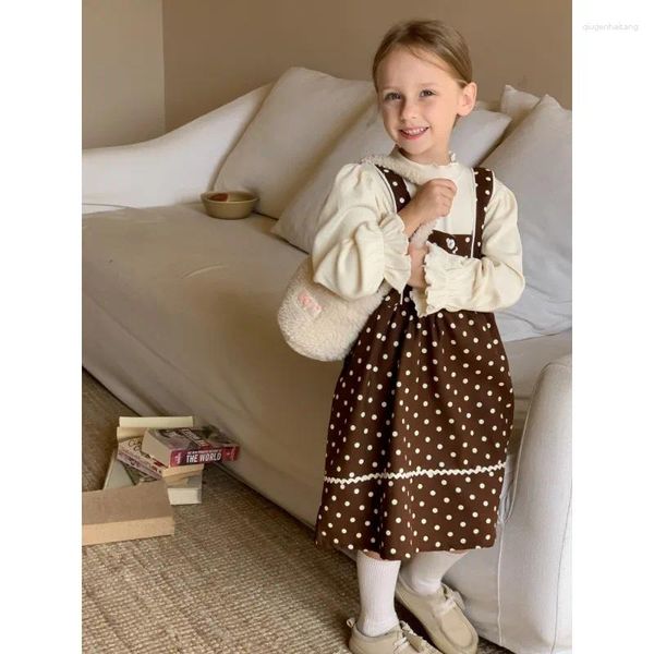 Robes pour filles, vêtements pour enfants, ensemble de robe de princesse Mori, printemps-automne coréen, bretelles à pois et chemise Beige, 2024