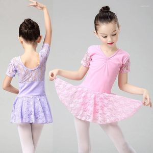 Robes de fille enfants robe de danse enfants coton à manches courtes dentelle Ballet Dancewear