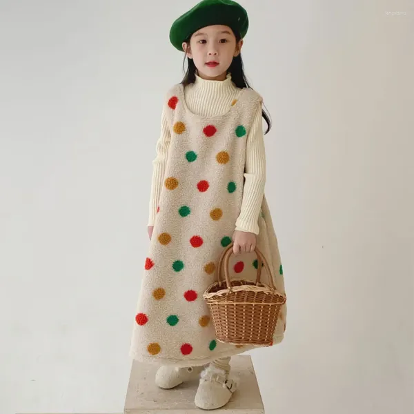 Robes de fille Robe d'enfants 2023 Automne Hiver Bébé Filles Style coréen Couleur Polka Dot Fourrure Robe d'été sans manches en laine d'agneau Casual Mignon