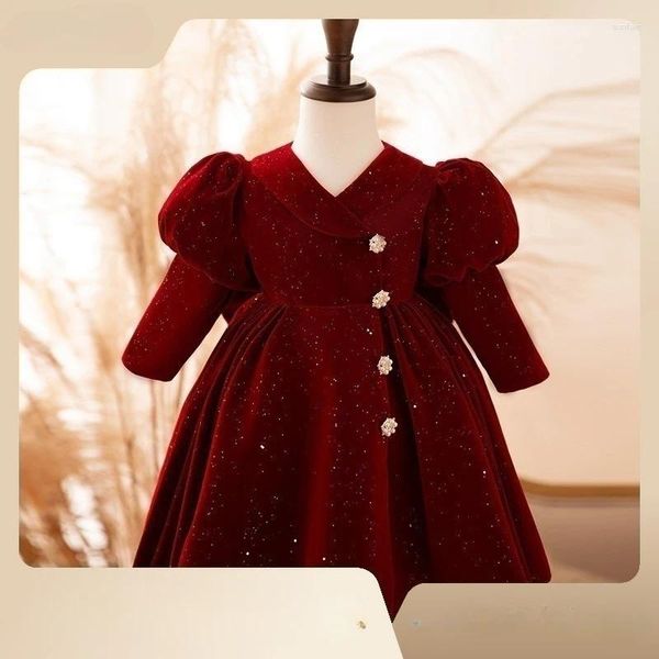 Robes d'automne et d'hiver pour filles, tenue princesse rouge vin, manches longues, en velours, vêtements trésor pour filles, 2024