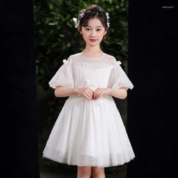 Mädchen Kleider Kinder Kleid Für Mädchen Mesh Ausgestellte Ärmel Puff Rock Blume Dekorative Weiß Gestickte Kurze Kinder Host Hochzeit