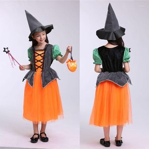 Meisje jurken kinderen halloween kostuum heksen cosplay contrast color jurk cap candy tas maskerade feest rollenspel kinderkleding kinderkleding