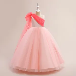 Robes de fille Enfants Une Épaule Rose Fleur Robe De Bal Adolescentes Filles Tulle Longue Soirée Robes De Soirée Élégante Adolescente Pageant Robe De Bal