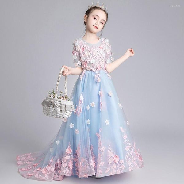 Vestidos de niña, vestido de fiesta de rendimiento para niños, apliques de flores a la moda, princesa de tul para niñas, vestido de fiesta de boda de 3 a 12 años