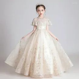 Girl Dresses Children's 2024 Girl Girl's Fluffy Gaze Fashionable Flower Wedding Host Piano Performance Dress