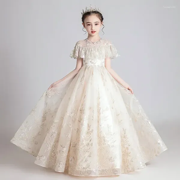 Robe de fille pour enfants 2024 Girl's Fluffy Gauze Flower Flower Wedding Host Performance Robe