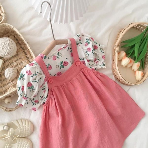 Fille robes vêtements pour enfants bébé ensemble été bulle manches fragmenté fleur haut couleur unie fronde robe mode 2023