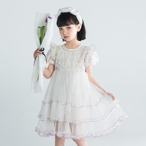 Fille robes enfants Lolita robe 2023 été brodé princesse maille épissure coréenne filles bulle manches