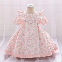 Mädchenkleider Kinder Rüschenärmel Schleife Ein Jahr altes Mädchen Hochzeitskleid mit Prinzessinnendruck 70 cm-90 cm Süßes süßes Performance-Ballkleid