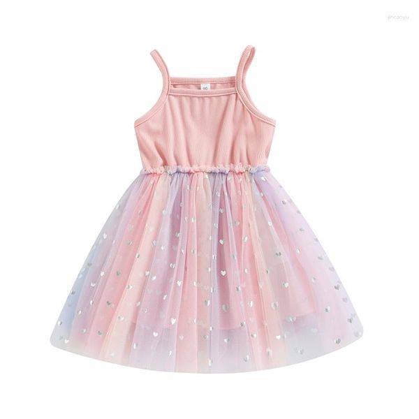 Fille robes enfants été rose cousu coeur impression maille mignon jarretelle robe cadeaux d'anniversaire