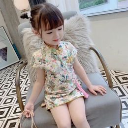 Robes d'été pour filles, robe de princesse Cheongsam chinoise, vêtements pour enfants, manches courtes, en coton, fleurs mignonnes