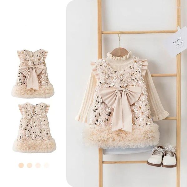 Vestidos de niña, baile de Navidad, vestido de princesa para niñas, Otoño Invierno 2023, chaleco de piel con borlas de lentejuelas de estilo infantil, moda