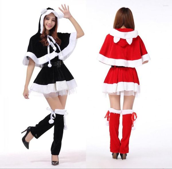 Vestidos de niña Vestido de Navidad Falda sexy Mantón para mujeres Niñas Trajes de baile Linda señorita Santa Claus Rojo Negro Trajes de Navidad Espectáculo de escenario