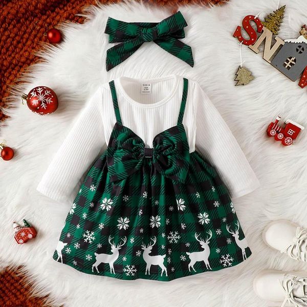 Robes de fille robe de noël verte enfant en bas âge bébé filles cerf flocon de neige imprimé Patchwork tenue à manches longues princesse bandeau 2PC ensemble