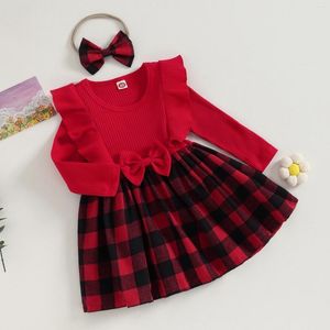 Robes de fille Noël enfants bébé filles robe à carreaux arc volants vêtements à manches longues pour bébé automne mode princesse avec bandeau