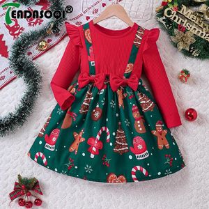 Meisjesjurken Kerstmis Kinderen Patchwork jurk knie-lengte rok geboren babymeisjes kleren cartoon printing kinderen kleding 1-6y