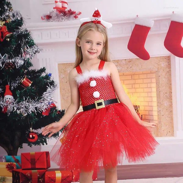 Vestidos de niña Navidad Santa TUTU Vestido para disfraz de encaje Navidad Kid Sling Up Party Princesa Túnica Diadema 2 piezas Conjunto Ropa infantil