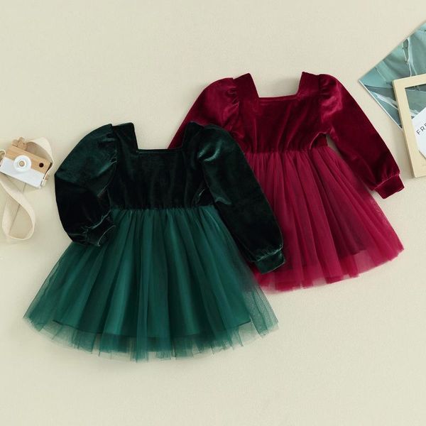 Citgee – robe de noël en velours pour petites filles, manches longues bouffantes, couleur unie, en Tulle, vêtements d'automne