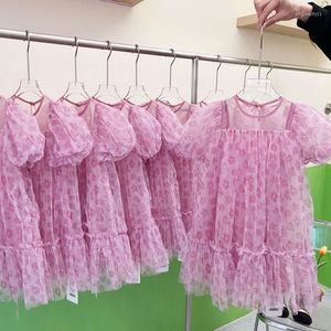 Fille robes vêtements violet princesse robe 2023 été coréen petite fleur à manches courtes moelleux maille genou-longueur