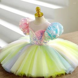 Robes de fille couleur paillettes fleur robes col rond manches bouffantes robe de bal robes d'anniversaire princesse tempérament Junior demoiselle d'honneur