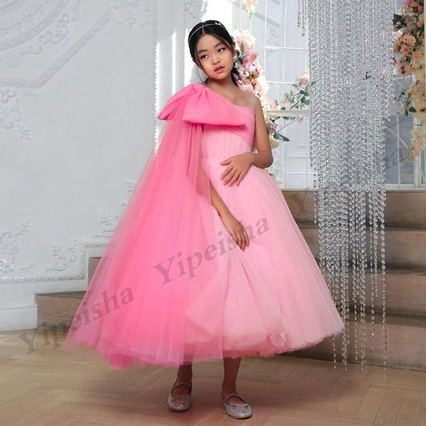 Robes de fille Robe à fleurs rose contrastée pour robe de soirée de mariage, asymétrique épaule dénudée, grand nœud plissé, longueur de thé, communion d'anniversaire pour adolescent
