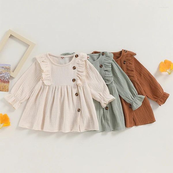 Vestidos de niña, vestido de lino y algodón para niñas, vestido informal de otoño liso de manga larga con cuello redondo y botones, corte en A, ropa infantil para niños