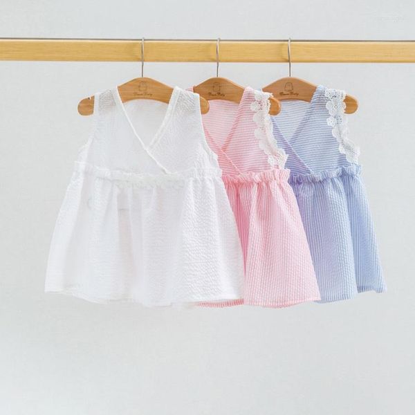 Vestidos de niña de algodón con cuello en V de encaje sin mangas de verano para bebés vestidos elegantes 2022 vestido de fiesta con volantes para niños pequeños