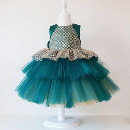 Vestidos de niña, vestido de bebé hinchado verde personalizado, Top brillante, cuello redondo, longitud hasta la rodilla, fiesta de cumpleaños infantil, vestido de Navidad