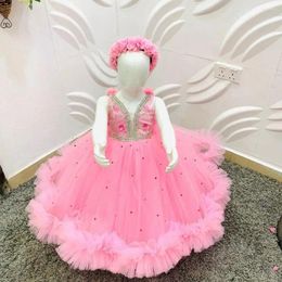 Meisje Jurken Aangepaste Gezwollen Baby Jurk Roze Tule Glanzende Kralen Prinses Eerste Verjaardag Optocht Partij Jurk Pography