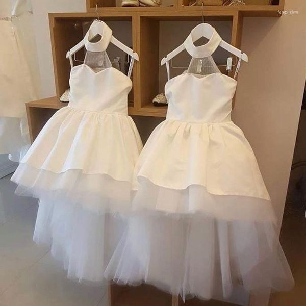 Vestidos de niña personalizados niñas reales alto bajo hinchado tul satén princesa vestido de fiesta cumpleaños desfile vestido chico tela