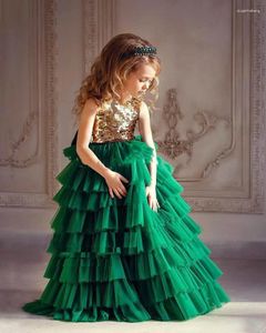 Robes personnalisées en Tulle vert et paillettes dorées pour filles, tenue d'anniversaire pour bébé, robe de concours, vêtements de bal pour enfants de 1 à 14 ans