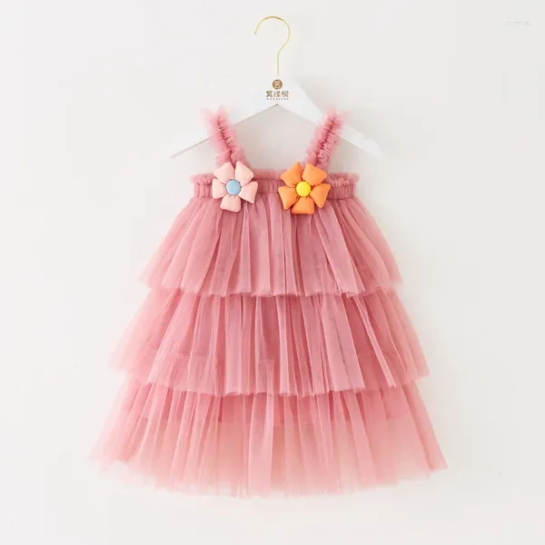 Vestidos de niña, ropa bonita para bebé, vestido de pastel con liga de red decorado Floral con volantes de Color sólido para un cumpleaños, dulce princesa