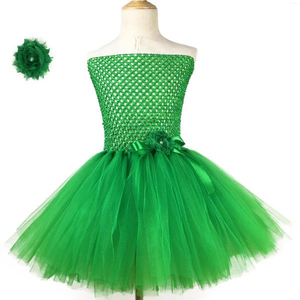 Vestidos de niña, lindo vestido de tutú verde para niñas, corsé de ganchillo para niños con cinta, horquilla de flores, disfraz de fiesta de Navidad para niños