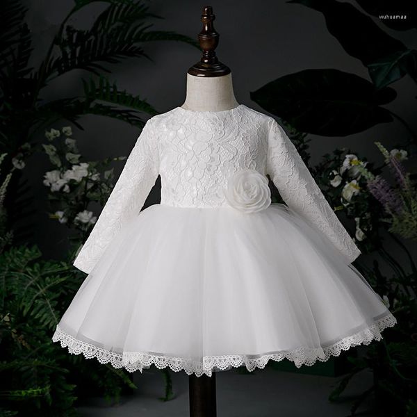 Fille robes mignon bébé robe de soirée pour 1 an anniversaire robe blanc Tulle à manches longues enfant en bas âge mariage robe de baptême baptême