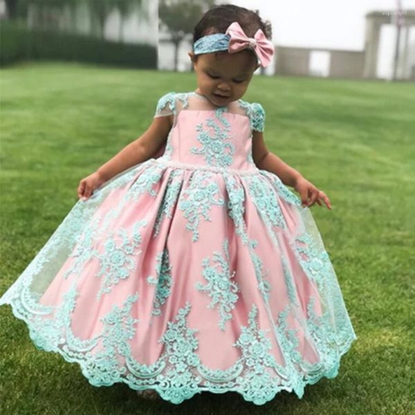 Vestidos De niña lindo bebé rosa satén menta apliques princesa flor desfile De cumpleaños bata De comunión De Demoiselle invitado De boda