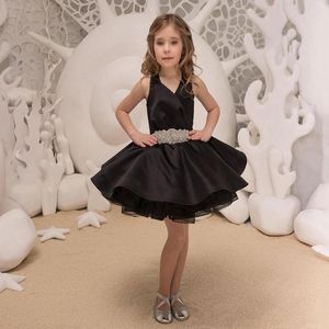 Robes pour filles, jolie robe noire à fleurs, sans manches, col en V, robe de bal, robes de concours pour enfants, ceinture à perles, Mini fête d'anniversaire pour filles