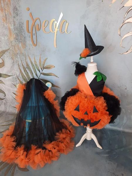 Vestidos de niña lindo negro naranja bebé disfraz de Halloween tul fiesta de cumpleaños arco volantes niños niño vestido de comunión traje