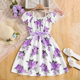 Meisje jurken schattige bloemenkinderen losse casual veter sluip jurk met korte mouwen kinderen elegante meisjes dagelijkse kleding lente zomer