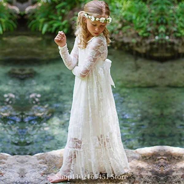 Vestidos de niña Apliques de encaje de flores lindas Mangas largas transparentes Vestido de desfile de niñas Vestidos de boda para niños pequeños Vestidos de primera comunión