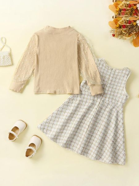 Robes mignonnes pour petites filles, tenue d'automne et d'hiver, pull en maille Adorable, ensemble avec robe à carreaux tricotée