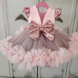 Robes de fille mignon rose personnaliser grand nœud robe de bébé dentelle Applique Tutu infantile premier anniversaire princesse fleur