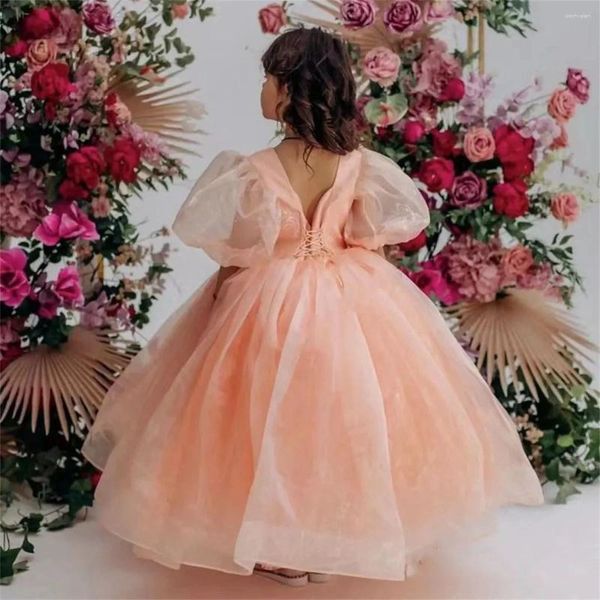 Robes de fille mignonne robe de fleur rose pour le mariage tulle moelleux longueur de plancher manches courtes enfants fête d'anniversaire première communion robes de bal