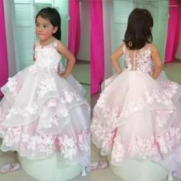 Meisje jurken schattige roze gelaagde rokbloem voor bruiloft kanten applique kleine baby optocht communie doop verjaardag jurk