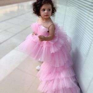 Vestidos de niña Lindo Rosa Sin mangas Cuello redondo Longitud asimétrica Bola de cumpleaños Primera comunión Sueño Niño Celebración Regalo