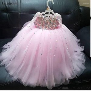 Robes de fille mignon rose Tulle perles bébé premier anniversaire robe de fête à manches longues année de noël infantile robes de bal