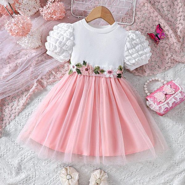 Robes de fille mignon joli enfants enfant en bas âge filles robe broderie fleur bouffée à manches courtes dentelle princesse fête bal Tulle 1-5 ans