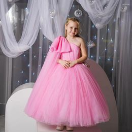 Robes de princesse mignonnes pour filles, longueur au sol, robe de bal, asymétrique épaule dénudée, avec nœud, rose bouffante, robe de soirée pour enfants, robe de concours, 2024