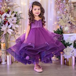 Fille Robes Mignon Fleur Pourpre Robe Puffy Jupe 3D Appliques Coton Doublure Enfants Tissu Bébé Fête D'anniversaire Robe Avec Arc