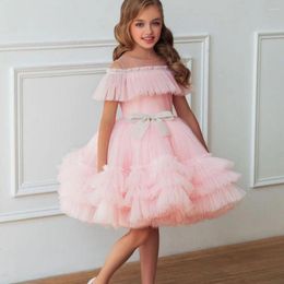 Robes de fille mignonnes manches transparentes robes de fête de gamin rose